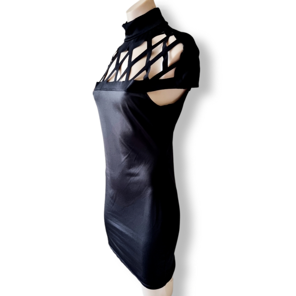 Black, high neck, choker neck + cut out short/mini dress fits AU 6 8 10 12 - Picture 6 of 7